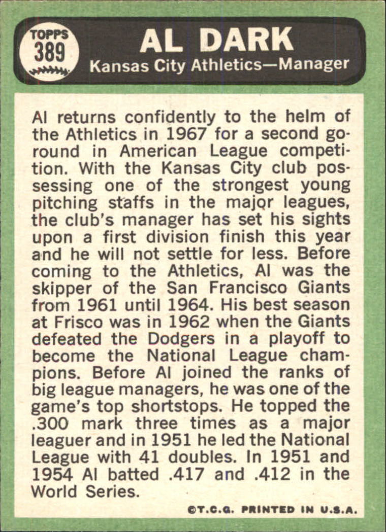 1967 Topps #389 Alvin Dark MG DP - EX
