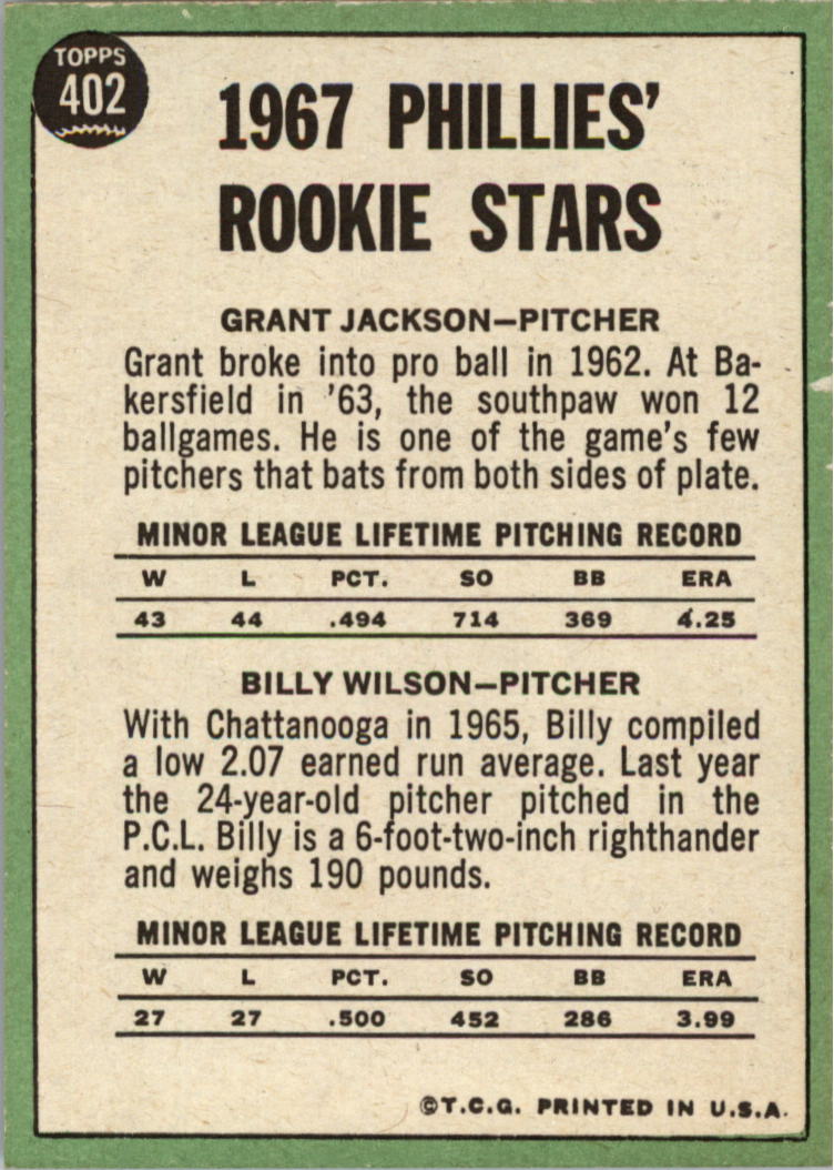 1967 Topps #402B Rookie Stars/Grant Jackson/Billy Wilson RC DP back image