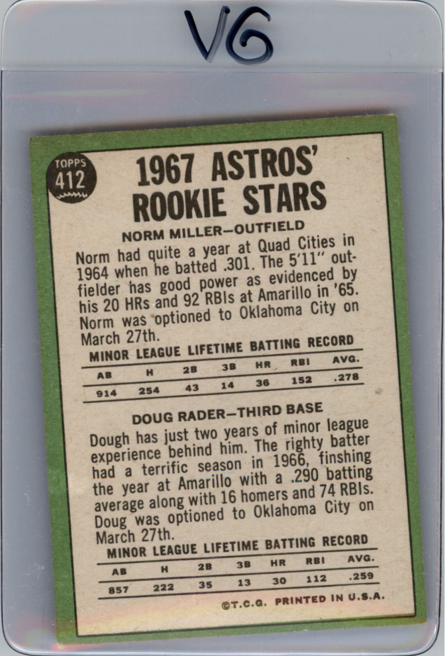 1967 Topps #412 Rookie Stars/Norm Miller RC/Doug Rader RC back image