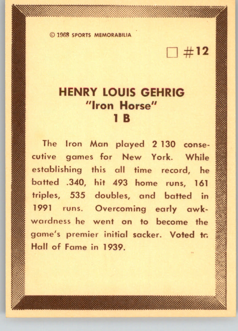 1968 Sports Memorabilia All-Time Greats #12 Lou Gehrig back image