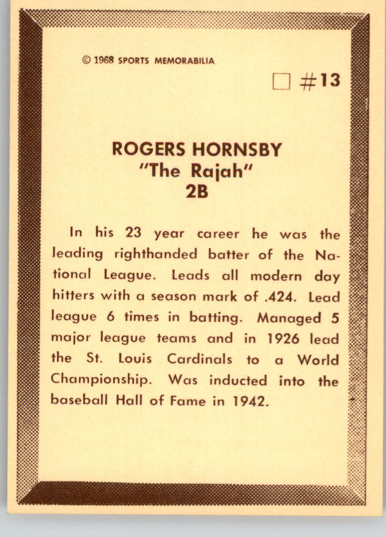 1968 Sports Memorabilia All-Time Greats #13 Rogers Hornsby back image