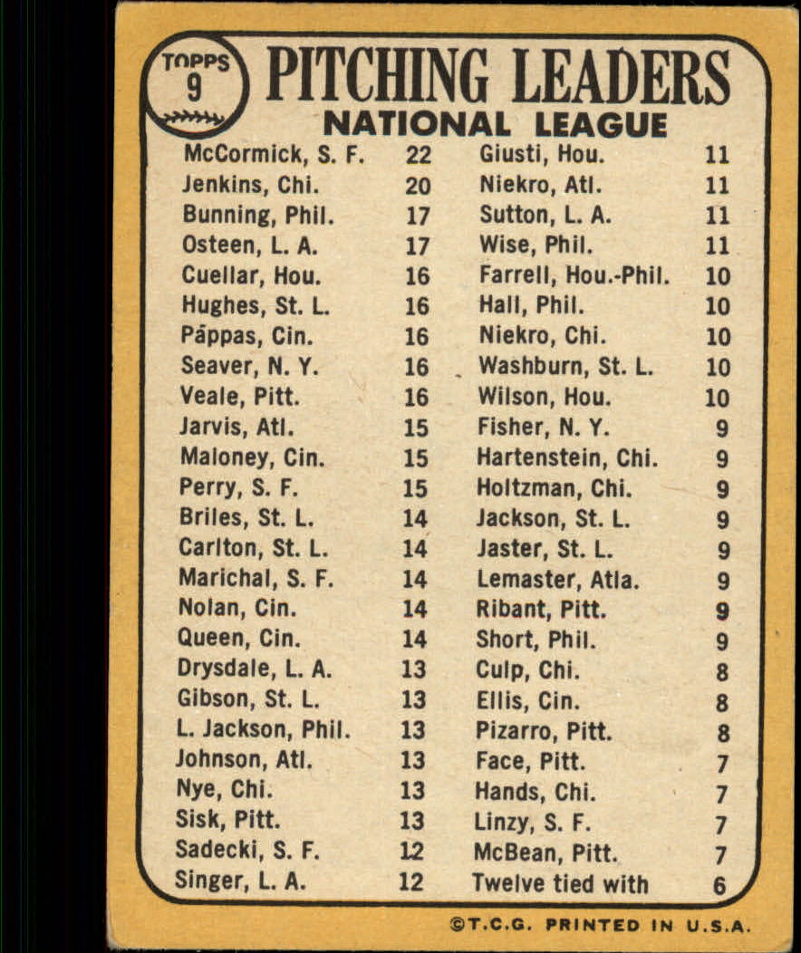 1968 Topps #9 NL Pitching Leaders/Mike McCormick/Ferguson Jenkins/Jim Bunning/Claude Osteen back image