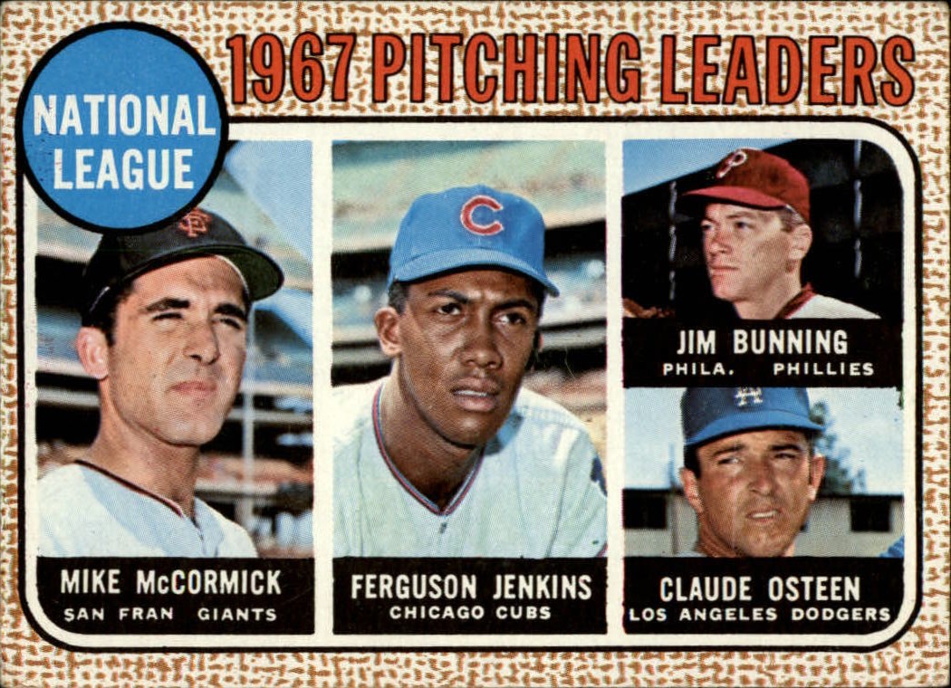 1968 Topps #9 NL Pitching Leaders/Mike McCormick/Ferguson Jenkins/Jim Bunning/Claude Osteen