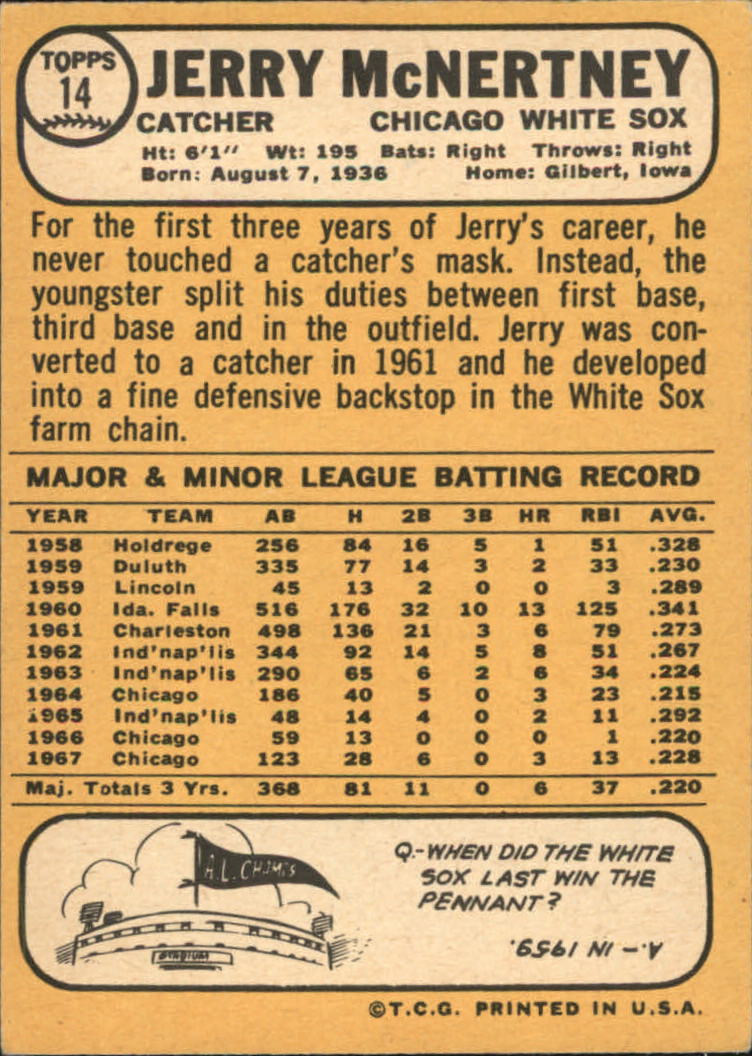 1968 Topps #14 Jerry McNertney back image