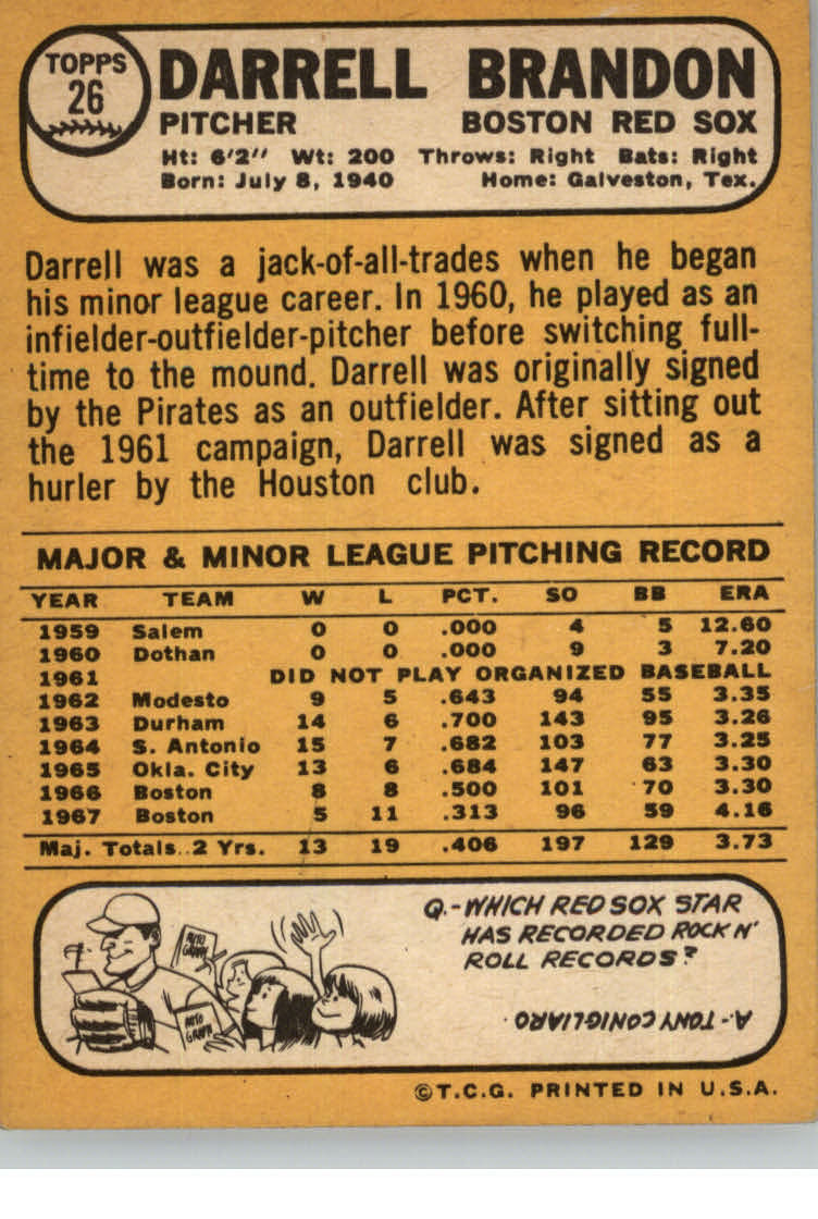 1968 Topps #26 Darrell Brandon back image