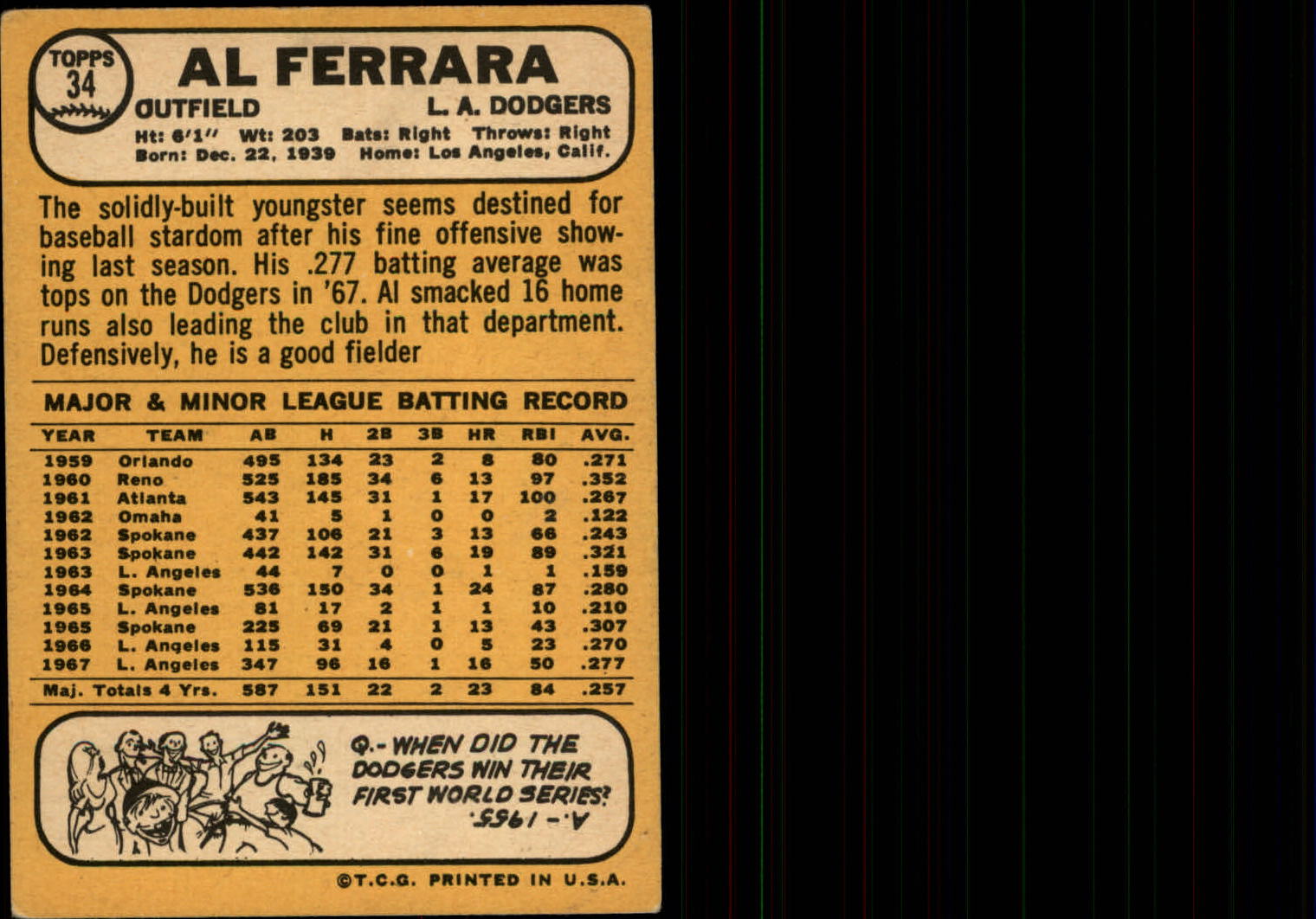 1968 Topps #34 Al Ferrara back image