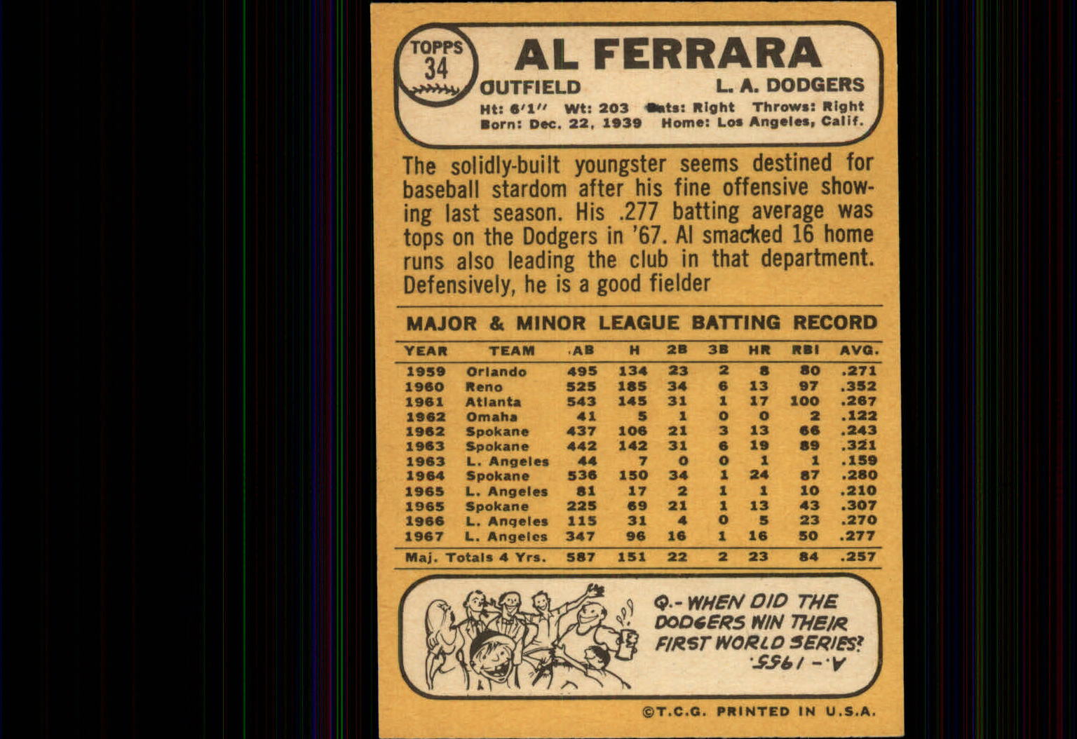 1968 Topps #34 Al Ferrara back image