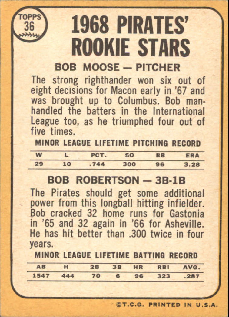 1968 Topps #36 Rookie Stars/Bob Moose RC/Bob Robertson RC back image