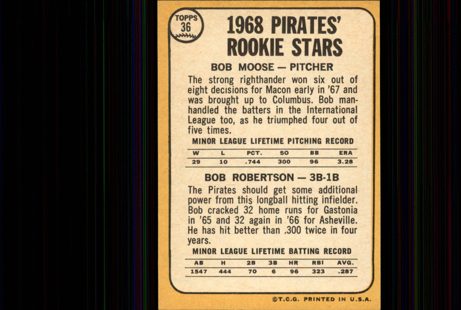 1968 Topps #36 Rookie Stars/Bob Moose RC/Bob Robertson RC back image