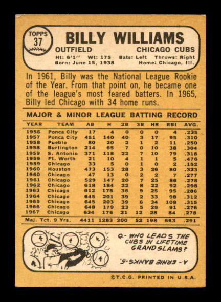 1968 Topps #37 Billy Williams back image