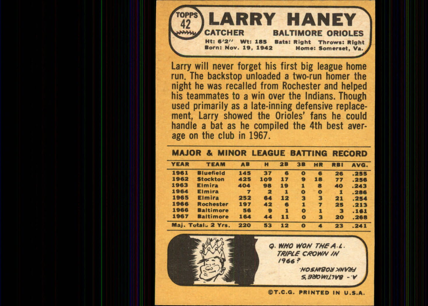 1968 Topps #42 Larry Haney back image