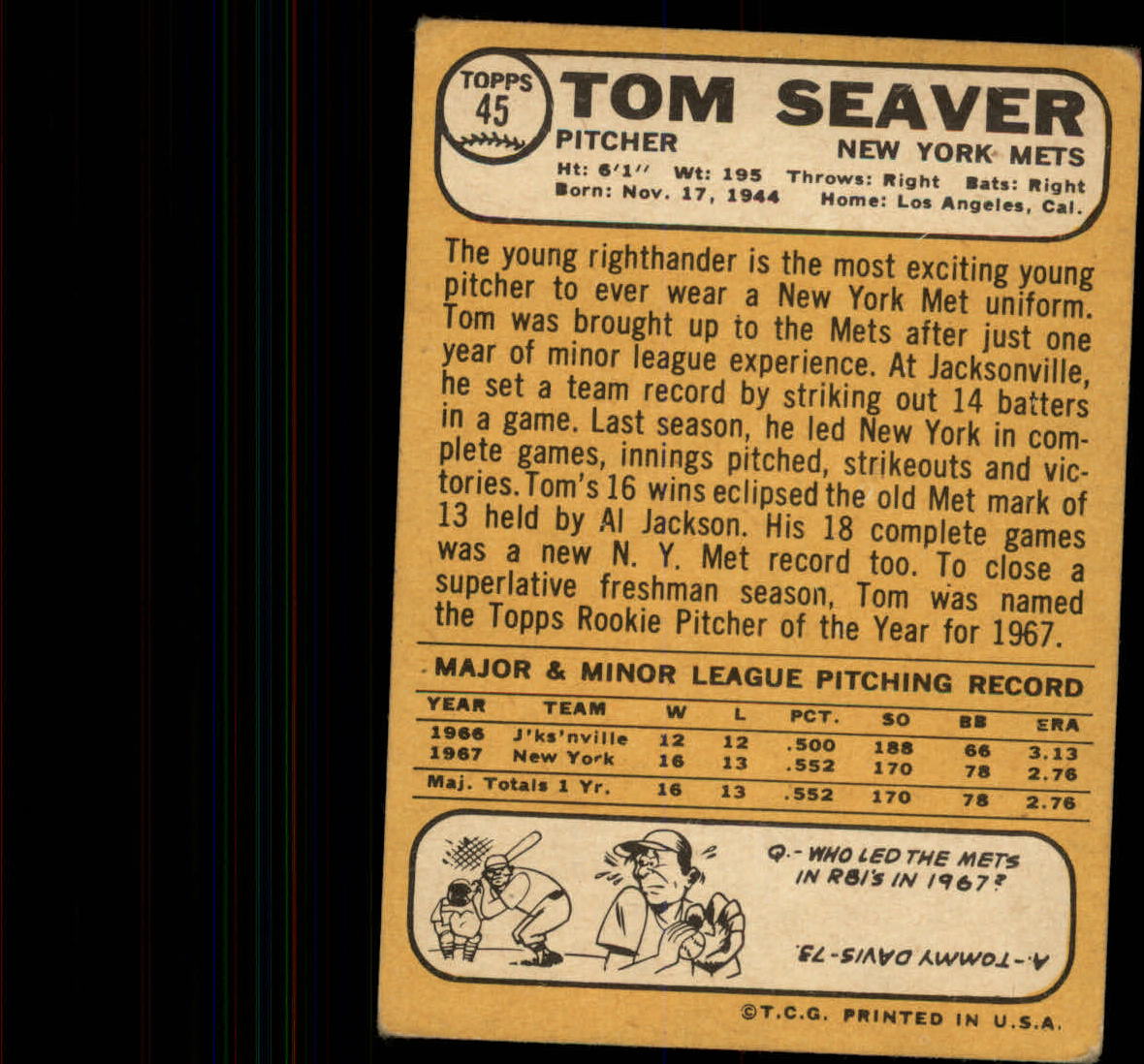 1968 Topps #45 Tom Seaver back image
