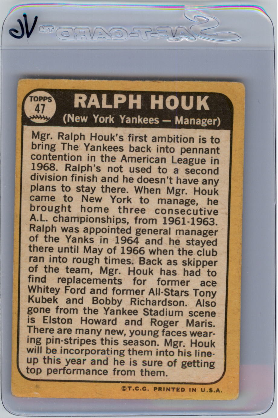 1968 Topps #47 Ralph Houk MG back image