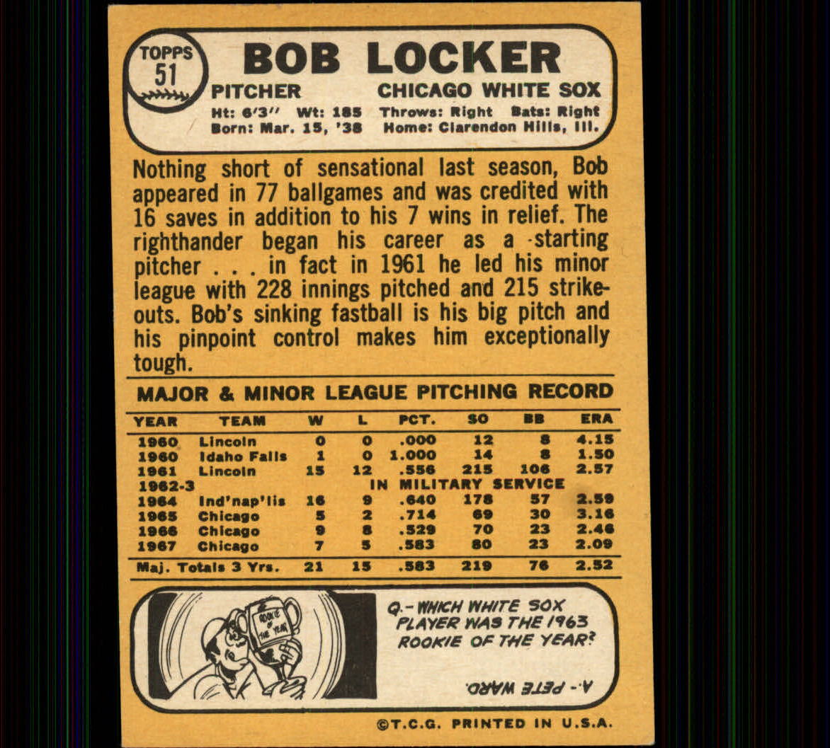 1968 Topps #51 Bob Locker back image