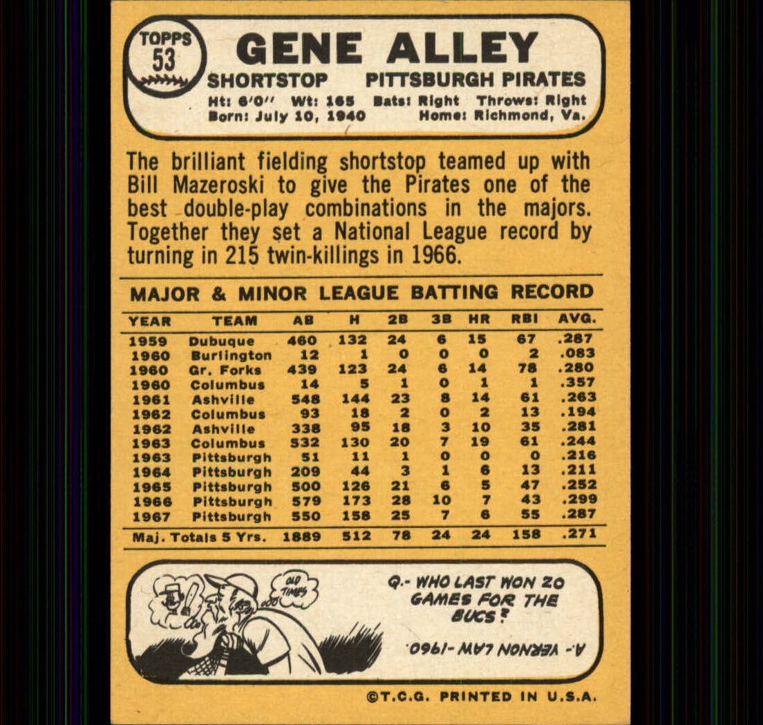 1968 Topps #53 Gene Alley back image