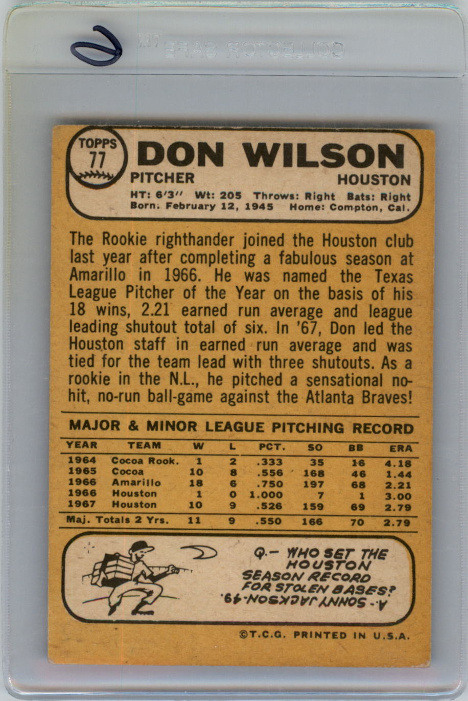 1968 Topps #77 Don Wilson RC back image