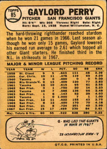 1968 Topps #85 Gaylord Perry back image