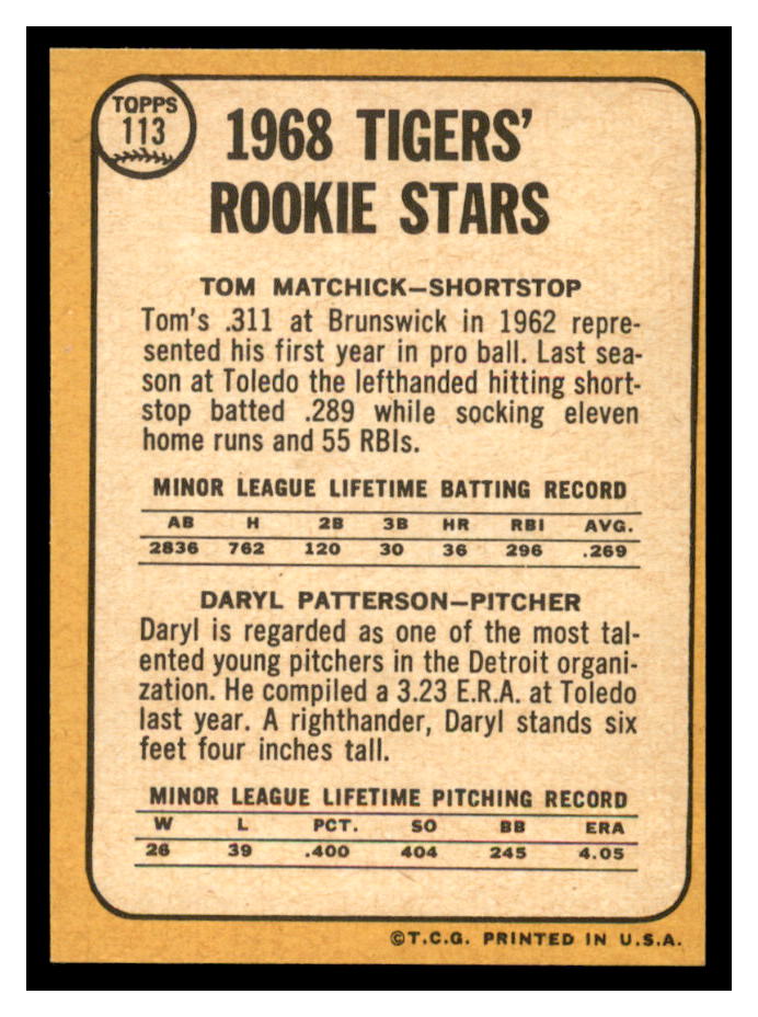 1968 Topps #113 Rookie Stars/Tom Matchick/Daryl Patterson RC back image