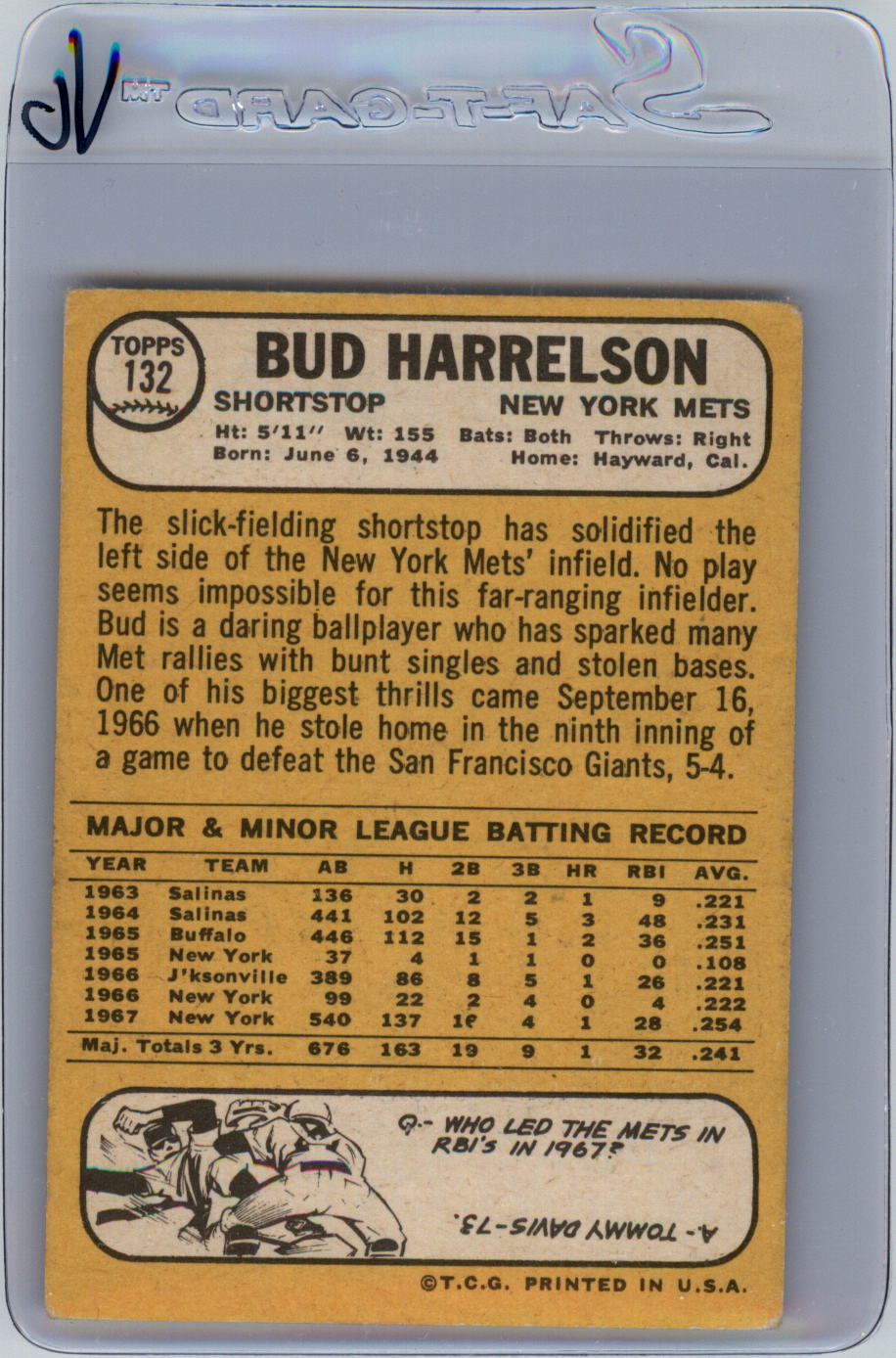 1968 Topps #132 Bud Harrelson back image