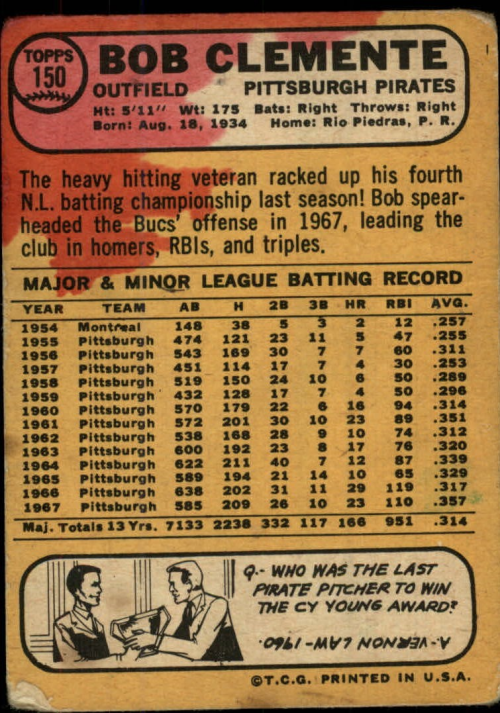 1968 Topps #150 Roberto Clemente back image