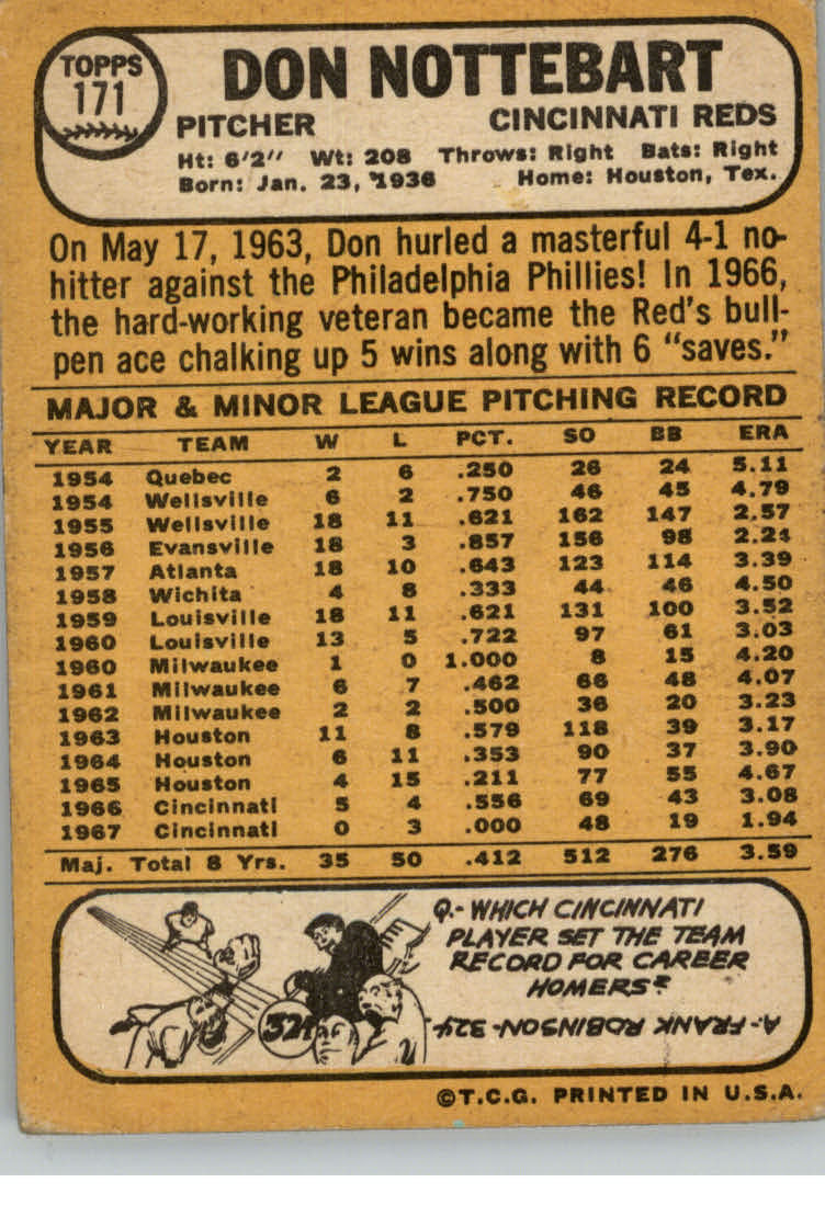 1968 Topps #171 Don Nottebart back image