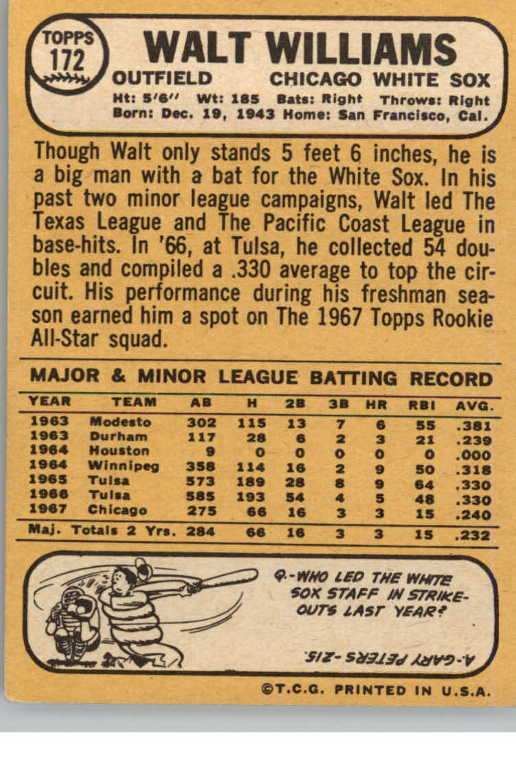 1968 Topps #172 Walt Williams back image