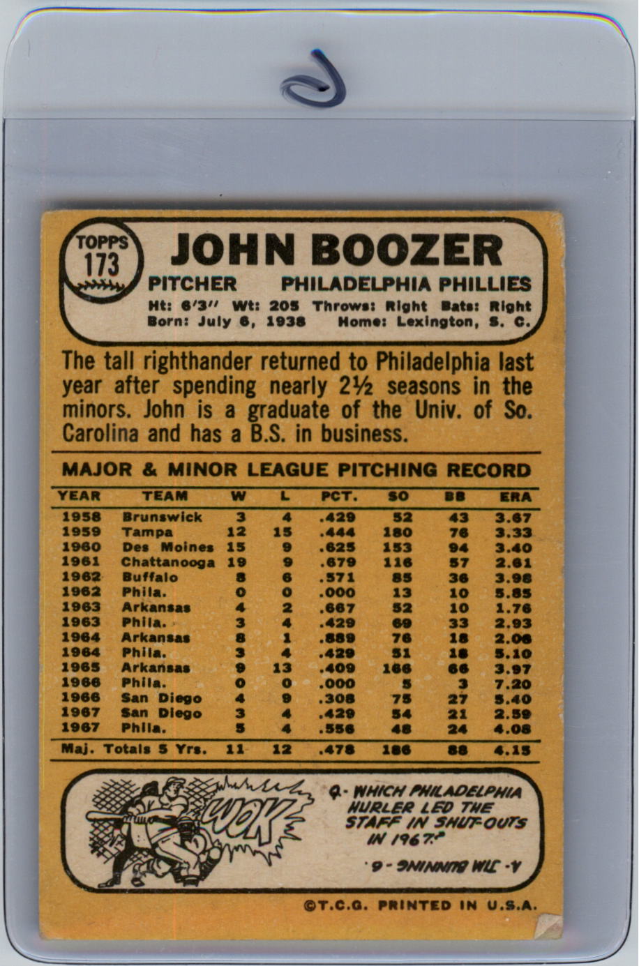 1968 Topps #173 John Boozer back image