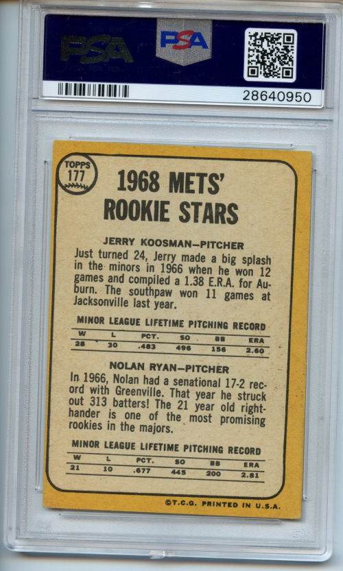 1968 Topps #177 Rookie Stars/Jerry Koosman RC/Nolan Ryan RC/UER Sensational/is spelled incorrectly back image