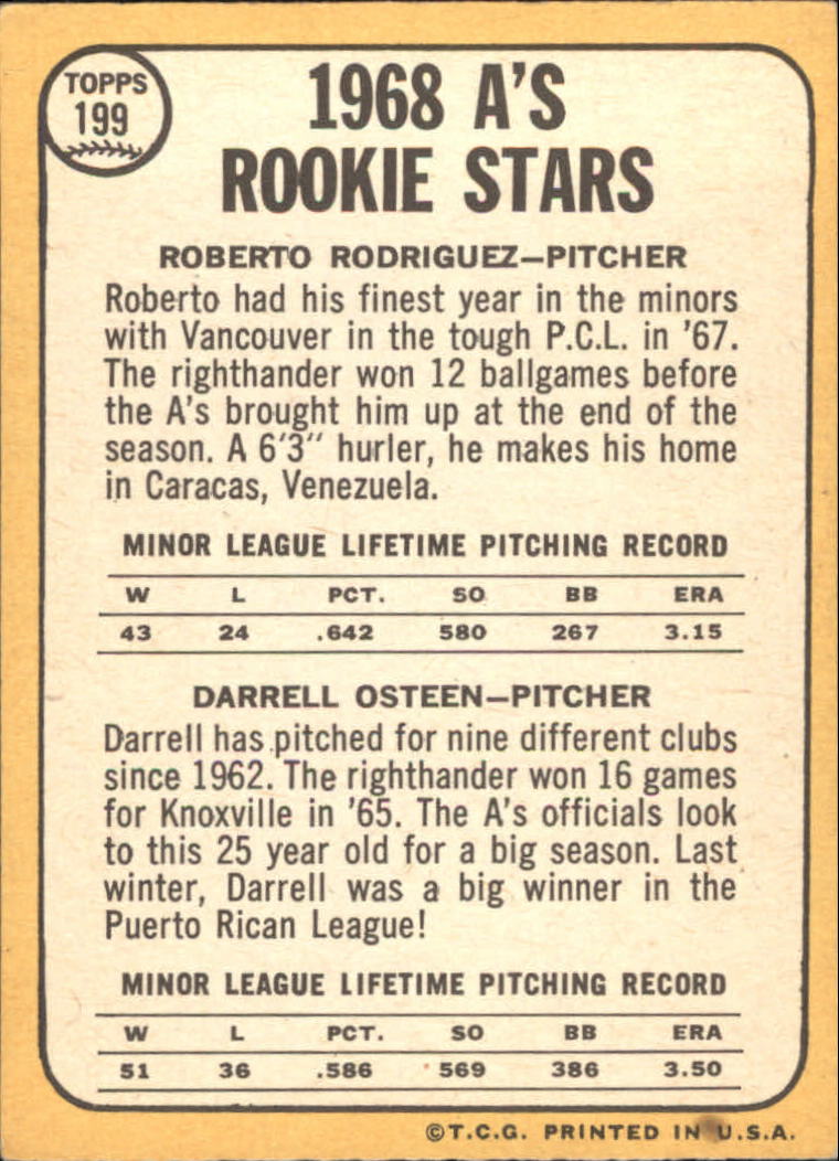 1968 Topps #199 Rookie Stars/Roberto Rodriquez RC/Darrell Osteen back image