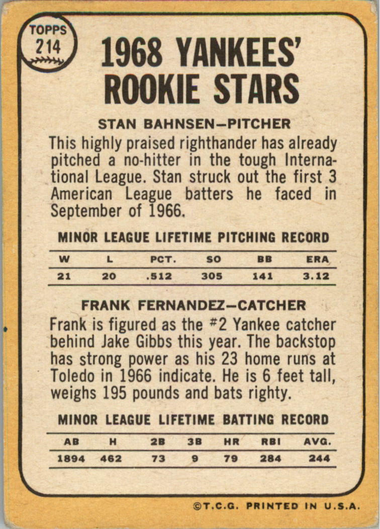 1968 Topps #214 Rookie Stars/Stan Bahnsen/Frank Fernandez back image