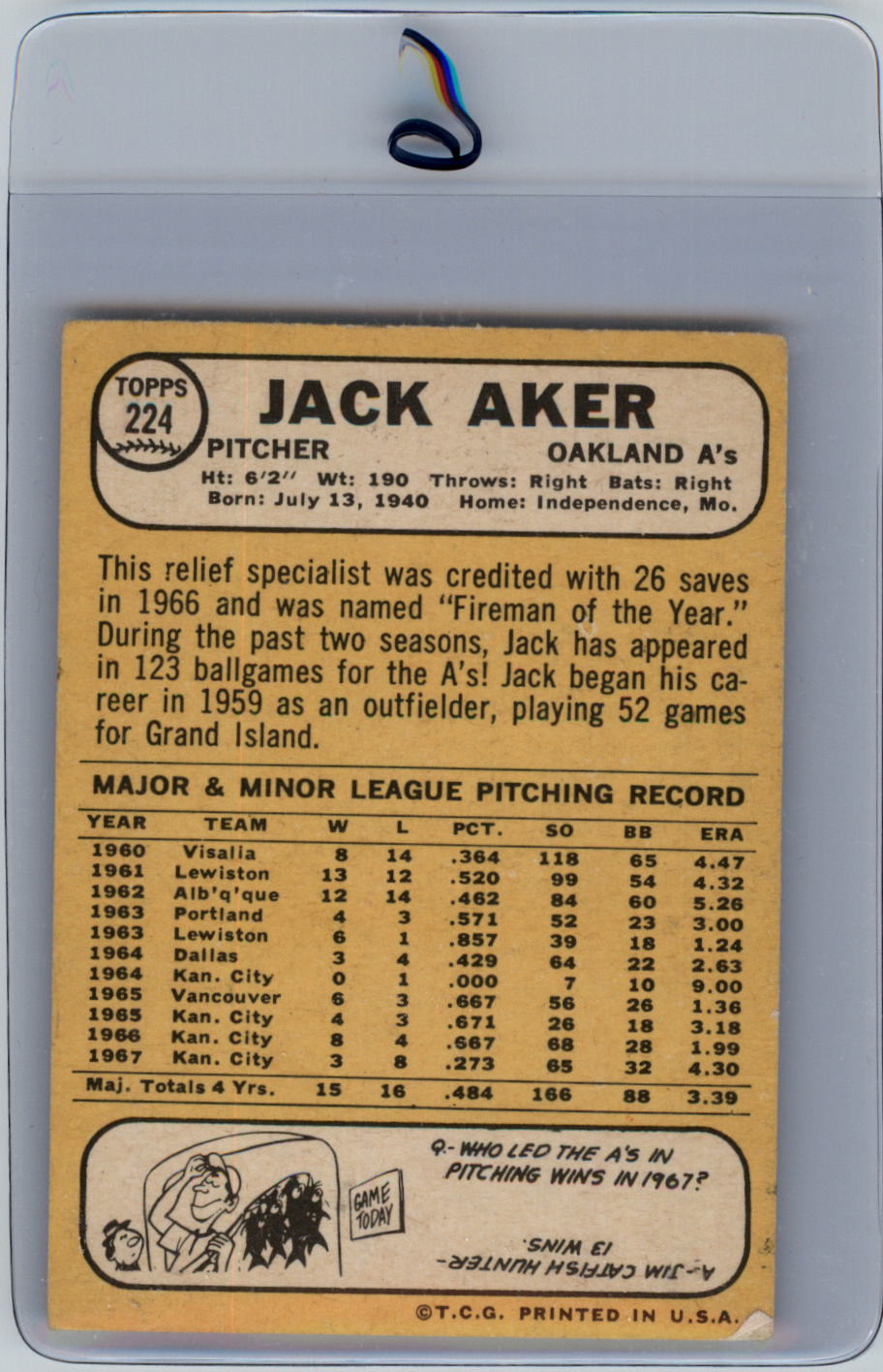 1968 Topps #224 Jack Aker back image