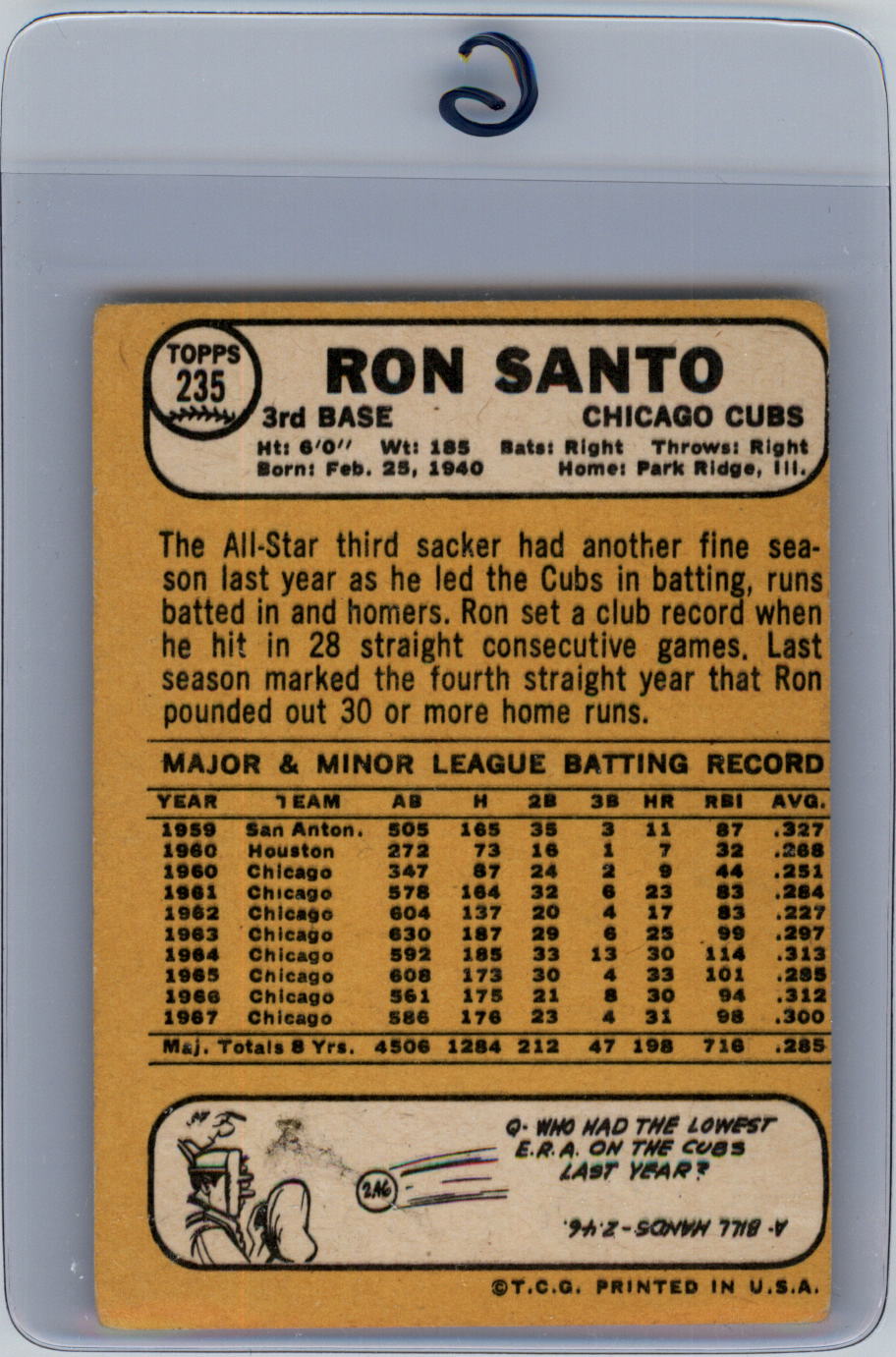 1968 Topps #235 Ron Santo back image