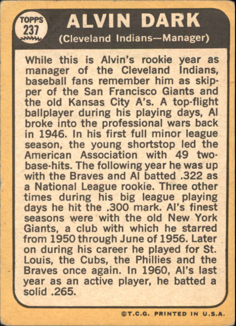 1968 Topps #237 Alvin Dark MG - VG