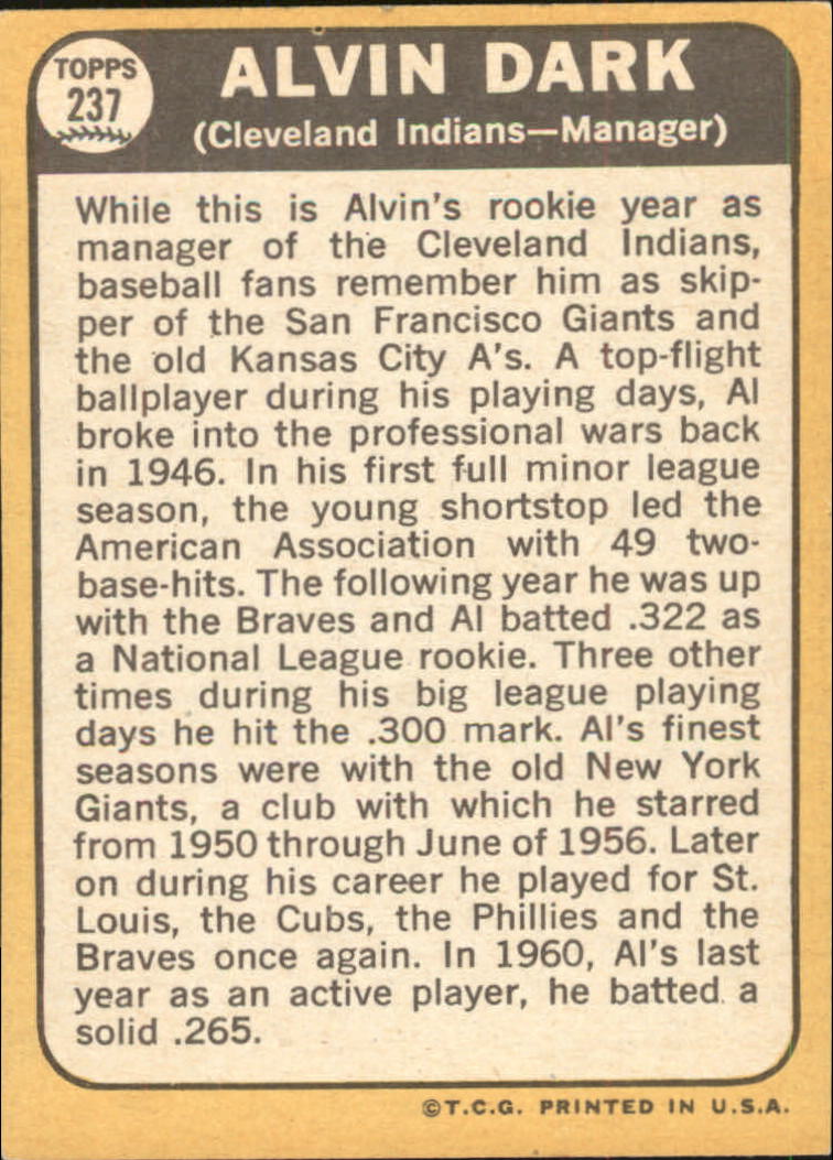 1968 Topps #237 Alvin Dark MG - EX