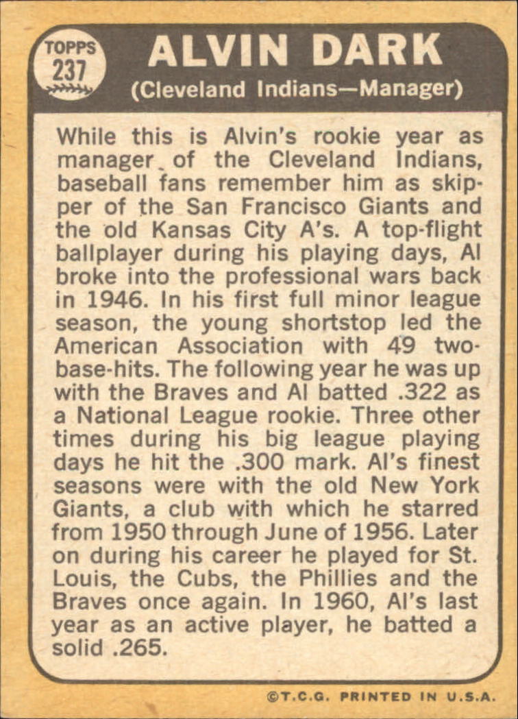 1968 Topps #237 Alvin Dark MG - EX-MT