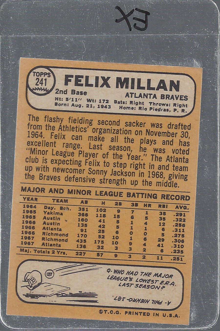 1968 Topps #241 Felix Millan back image