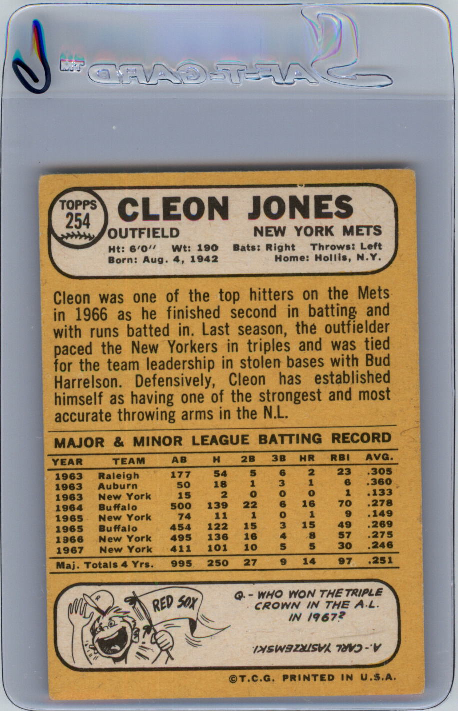 1968 Topps #254 Cleon Jones back image
