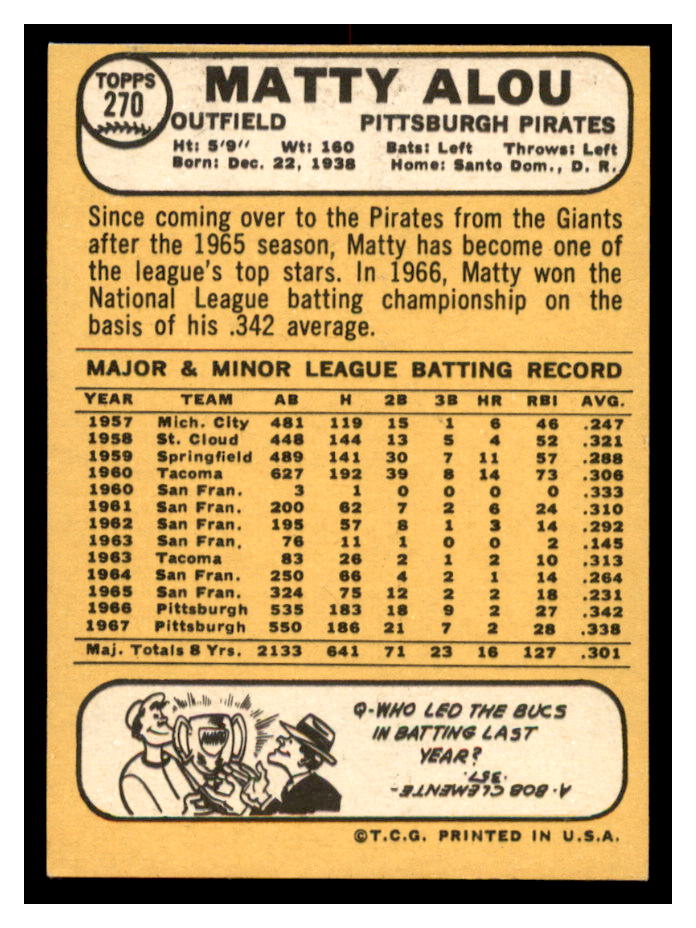 1968 Topps #270 Matty Alou back image