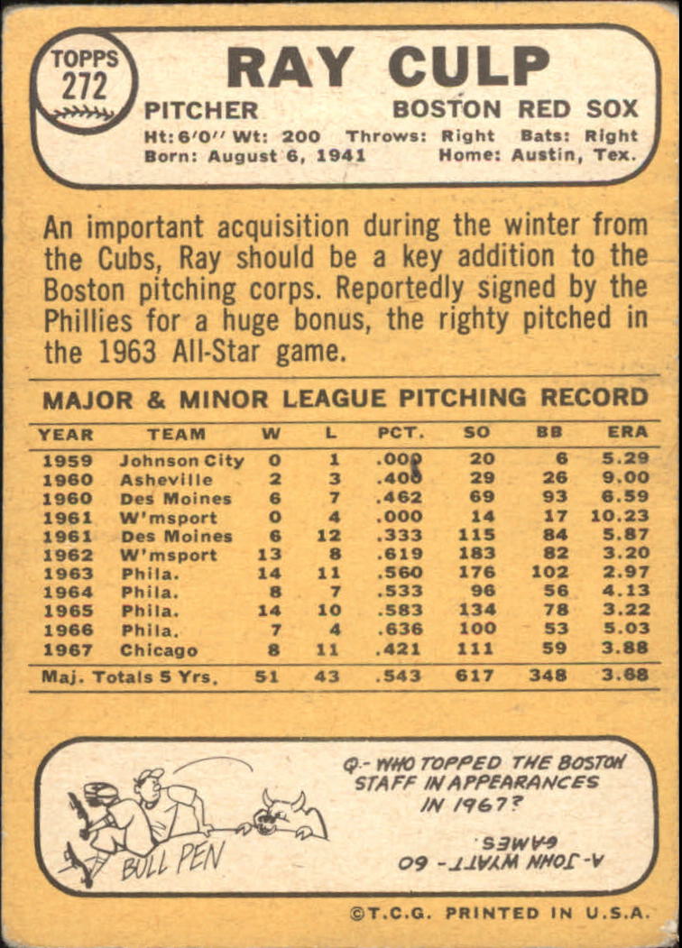 1968 Topps #272 Ray Culp - VG