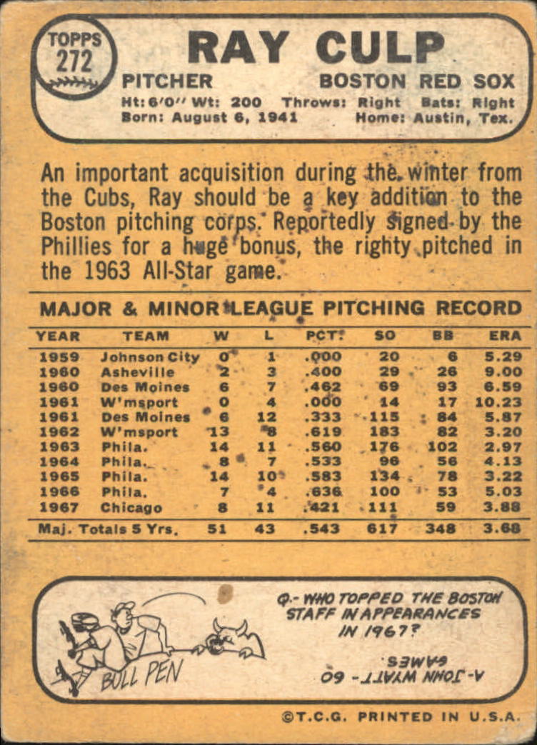 1968 Topps #272 Ray Culp - FAIR