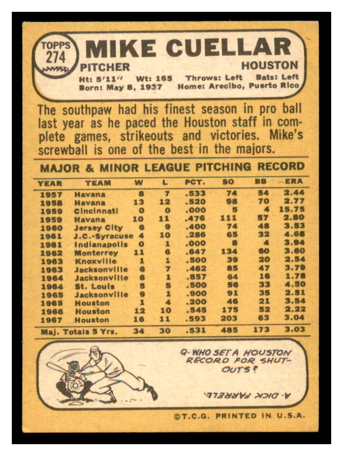 1968 Topps #274 Mike Cuellar back image