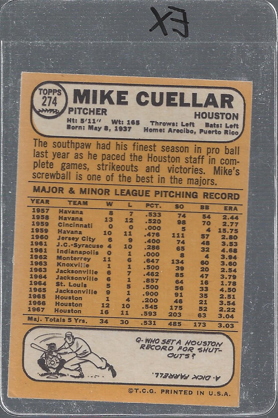 1968 Topps #274 Mike Cuellar back image