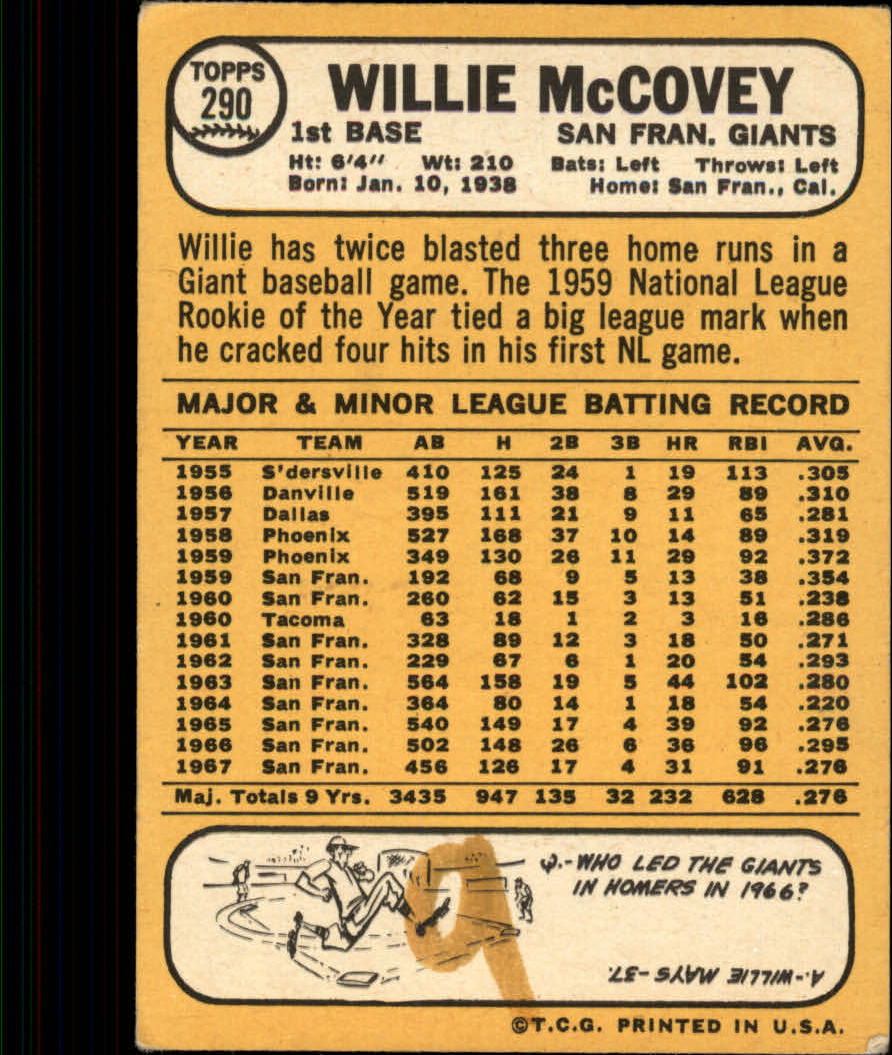 1968 Topps #290 Willie McCovey back image