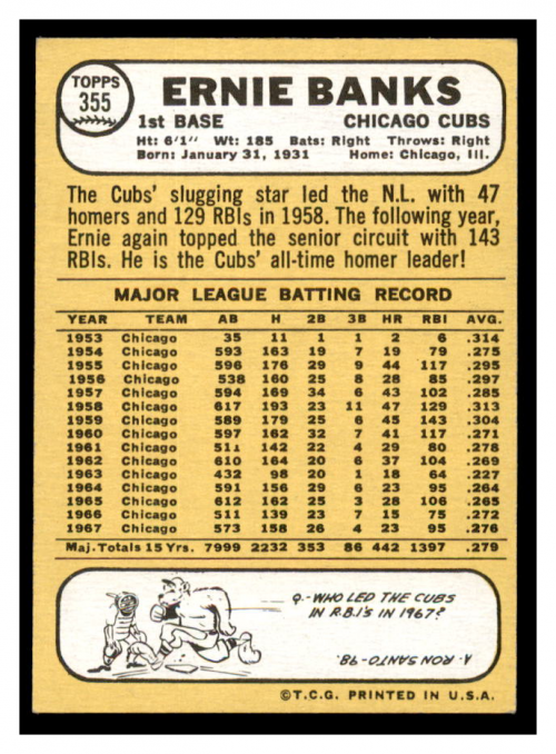 1968 Topps #355 Ernie Banks - Scan of actual card you will receive - EX