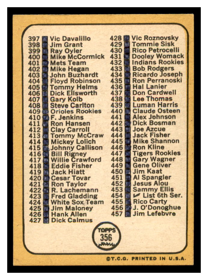 1968 Topps #356B Checklist 5/Ken Holtzman/Head shifted right/within circle back image