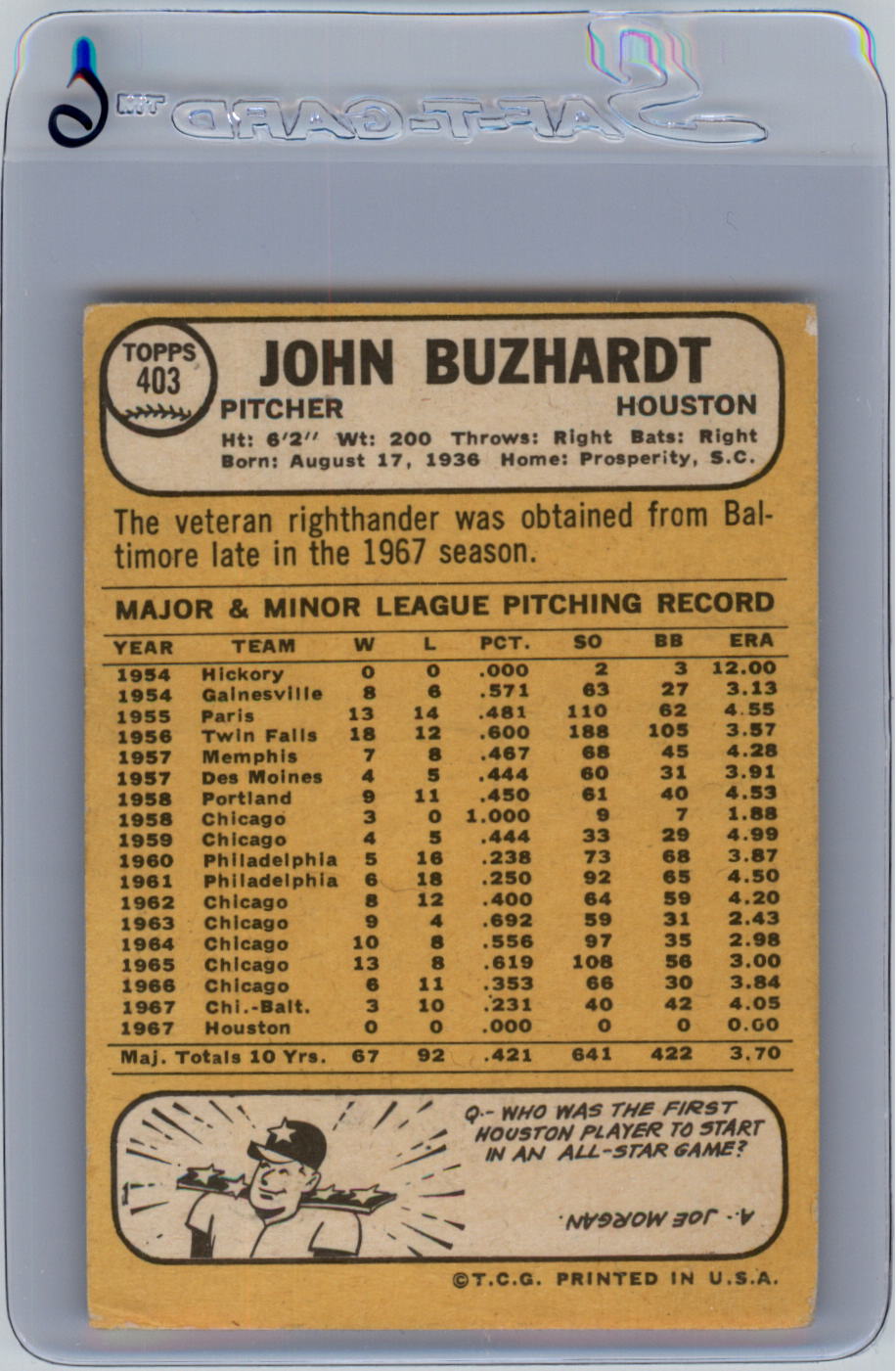 1968 Topps #403 John Buzhardt back image