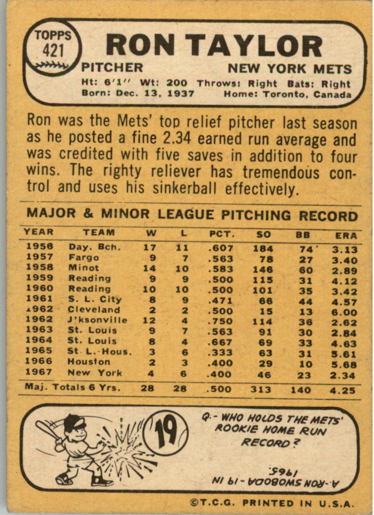 1968 Topps #421 Ron Taylor back image