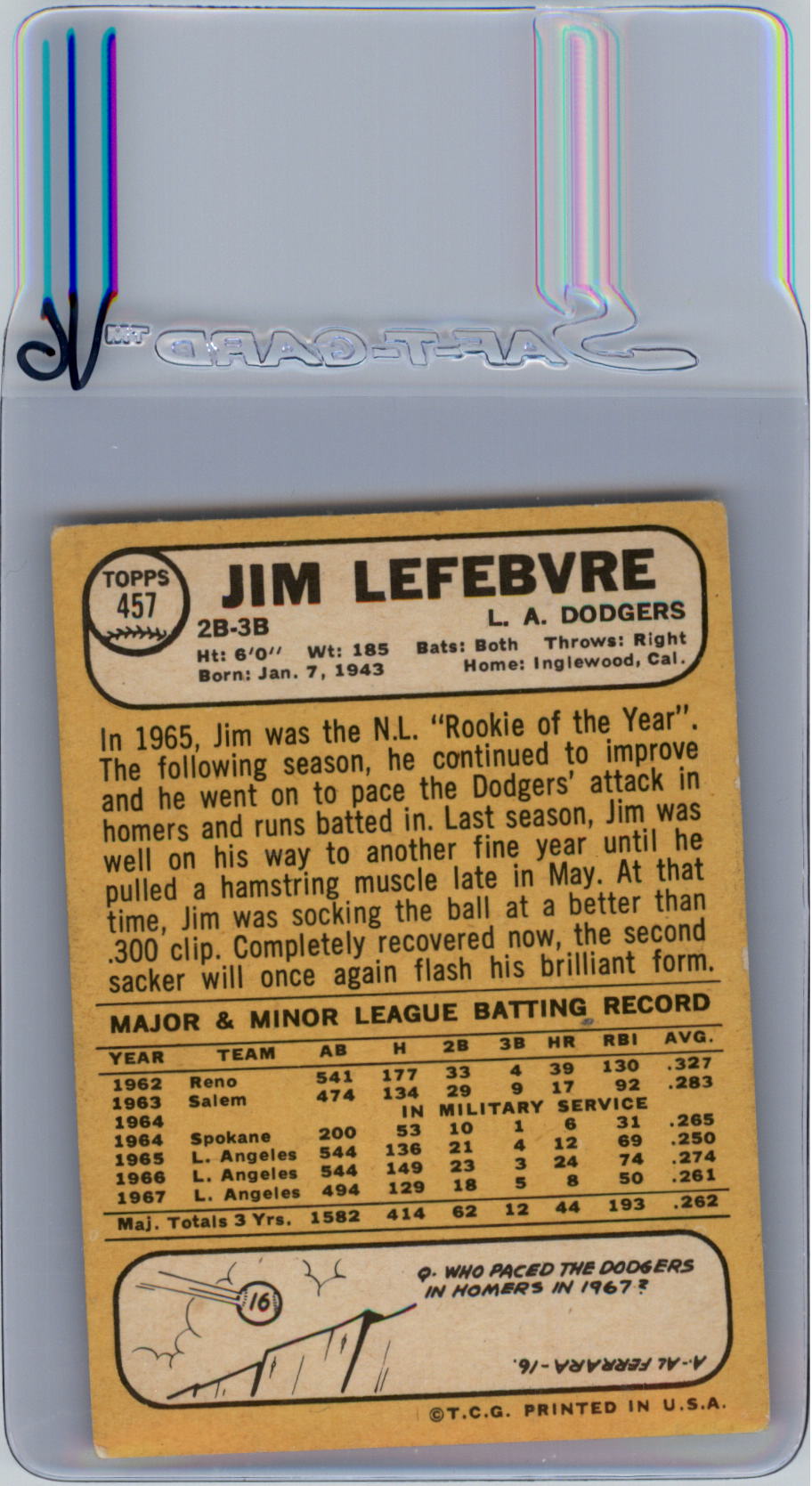 1968 Topps #457 Jim Lefebvre back image