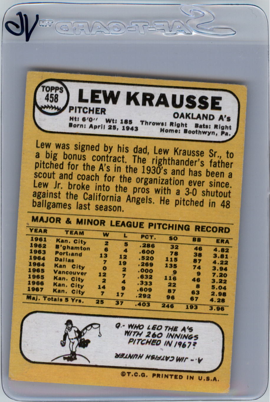 1968 Topps #458 Lew Krausse back image