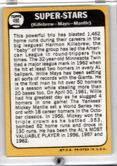 1968 Topps #490 Super Stars/Harmon Killebrew/Willie Mays/Mickey Mantle back image